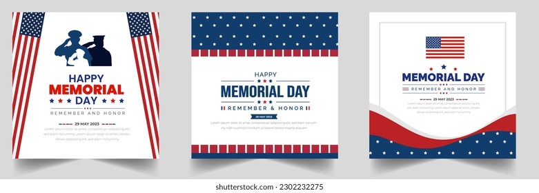 Memorial Day social media post banner set, Background or typography design set. Remember and Honor. National American holiday illustration. Vector Memorial day greeting card or background design.