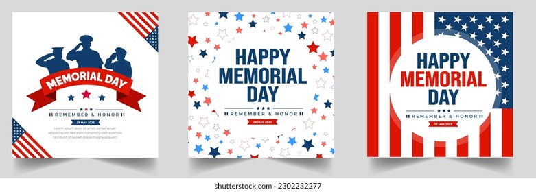 Memorial Day social media post banner set, Background or typography design set. Remember and Honor. National American holiday illustration. Vector Memorial day greeting card or background design.