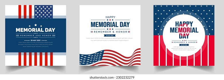 Memorial Day social media post banner set, Background or typography design set. Remember and Honor. National American holiday illustration. Vector Memorial day greeting card or background design.