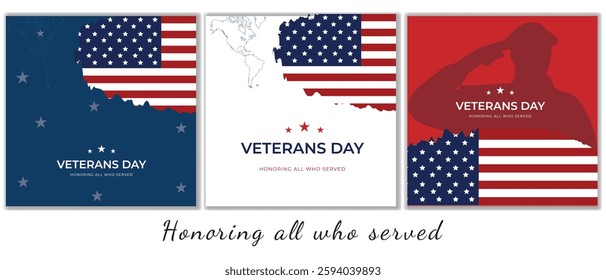 Memorial Day Social Media Post Banner Set, Background Design Set, or Typography Set. Flag of the United States. White, blue, red background. Vector