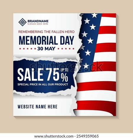 Memorial Day social media post banner Background or typography design set. Remember and Honor. National American holiday illustration. Greeting card. Sale cover, special price products in paper thorn.