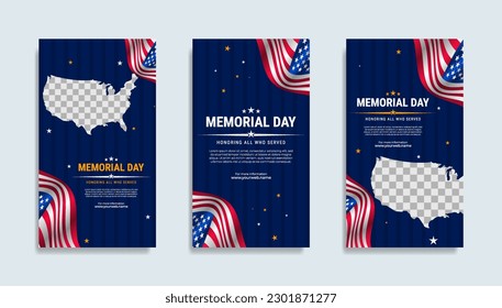 Memorial day Social media stories template design with the national flag of the United States of America