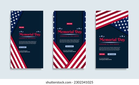 Memorial day Social media stories template design with the national flag of the United States of America