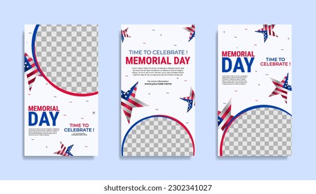 Memorial day Social media stories template design with the national flag of the United States of America