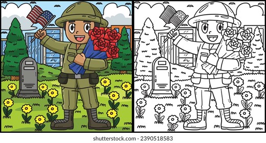 Memorial Day Soldier Bouquet and Flag Illustration