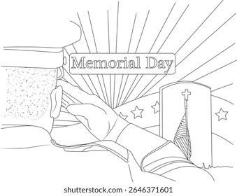 Ilustração solene da arte em linha do Dia do Memorial com elementos patrióticos, homenageando heróis caídos e comemorando o feriado.
