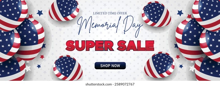 Memorial Day super sale banner with American flags, stars, and red, white, blue design offering special discounts for digital marketing and promotions