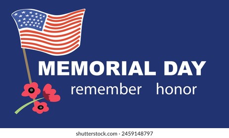 Memorial day   template. Commemorative tombstone with USA flag and red poppy flowers. Vector illustration for design national traditional holidays USA, Independence Day