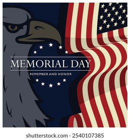 Memorial Day text with eagle silhouette. American flag in the background. Memorial Day concept. Flat vector illustration.