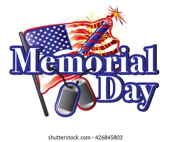 Memorial Day text with the US flag, fireworks and army tags.