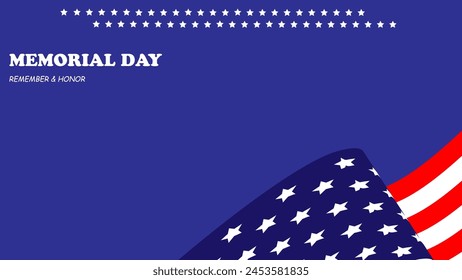memorial day theme with american flag, american holiday, blue background, template, symbol, illustration, design, vector, space area