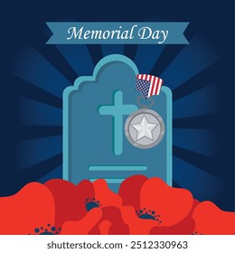 Memorial Day tombstone with medal, poppies, and cross in flat style Vector illustration