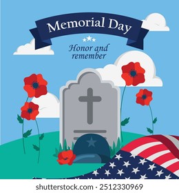 Memorial Day tombstone with poppies, American flag, and helmet in flat style Vector illustration