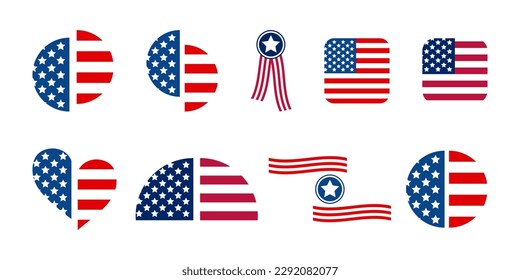 Memorial Day, traditional patriotic US icons for American national holiday. Independence Day United States icons. USA flag illustration, sign or symbol, simple badges. Veterans day USA emblems set