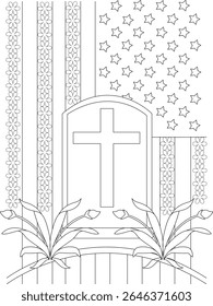 Memorial Day tributo linha arte com túmulo e bandeira, memória patriótica, honra veterana, desenho do cemitério.