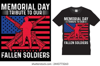 Día de la memoria homenaje a nuestros soldados caídos, plantilla de vector de diseño de camiseta del día de la memoria. 4 de julio USA memorial day t shirt diseño con fondo negro. Camiseta Memorial lista para cualquier artículo impreso. 
