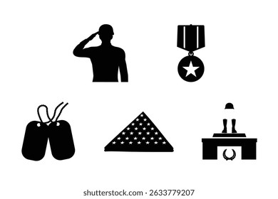 Memorial Day Tribute Symbols Saluting Soldier, Medal of Honor, Dog Tags, Folded Flag, and Military Memorial