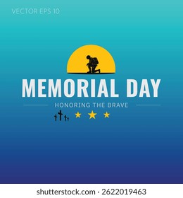 Memorial Day turquoise background with kneeling soldier and sun