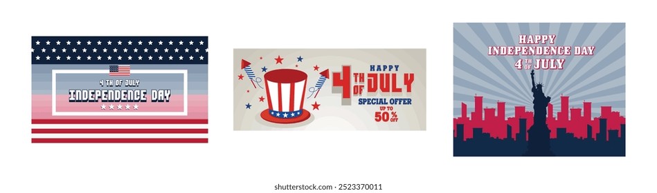 Memorial day. US independence day celebration with American hats and Uncle Sam Fireworks rockets. Statue of Liberty etc. Set flat vector modern illustration 