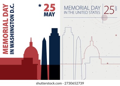 Pacote de pôsteres do Memorial Day EUA. Ilustrações vetoriais com EUA Washington D.C. horizonte da cidade e forma de marcos para cartão de férias, impressão, evento, folheto. Modelo moderno