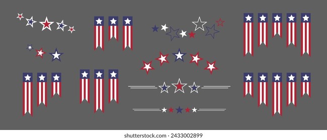 Memorial Day, US set for American national holiday. United States decorative elements set. USA flags decorations. Veterans day USA set. Bunting flags and stars. Labor Day illustrations. 4th of July.