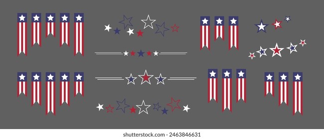 El Día de la Conmemoración, en Estados Unidos se celebra la fiesta nacional estadounidense. Día de los Veteranos EE.UU. Banderas y estrellas. Ilustraciones del Día del Trabajo. 4 de julio. Conjunto de Elementos decorativos de Estados Unidos. Decoraciones de banderas de Estados Unidos.