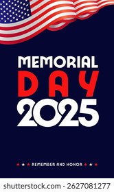 Memorial Day USA 2025, faixa vertical. Remember and Honor, Estados Unidos da América, 27 de maio. Ilustração vetorial