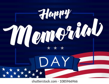 Memorial day USA 28 may and flag on navy blue stripes background. Happy Memorial Day,  remember & honor vector banner template in national flag colors with text and stars