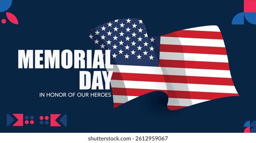 Memorial Day USA Banner with American Flag on Blue Background.