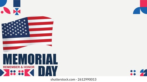Memorial Day USA Banner with American Flag on Light Background. Copy Space