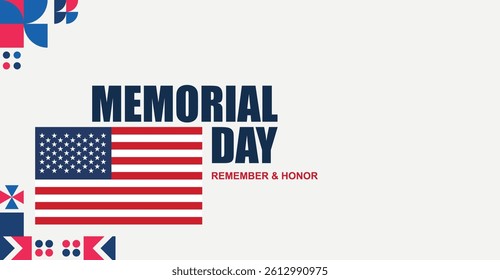 Memorial Day USA Banner with American Flag on Light Background. Copy Space. 
