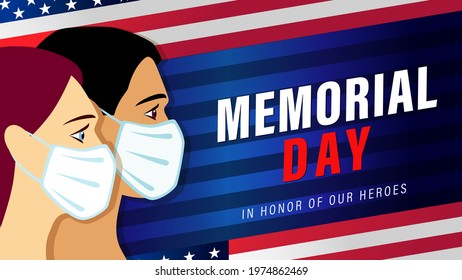 Memorial Day USA banner with people in medical mask and flag. Celebration design for US holiday with american men and women, text and flag on blue striped background. Vector illustration