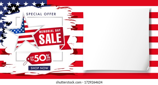 Memorial day USA brush paint poster, special offer sale up to -50% off. Happy Memorial Day background with typography on american flag and white paper. Vector illustration