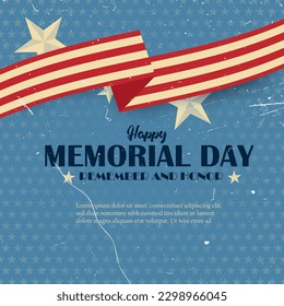 Memorial Day USA flag waving with stars in the background. Vintage poster banner and template design vector illustration.