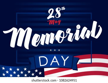 Memorial day USA, remember & honor and flag on navy blue background. Happy Memorial Day vector banner template in national flag colors with text 28 may and stars