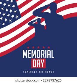 Memorial Day USA. Remember and honor. Vector illustration. The soldier salutes. Silhouette of a military man.