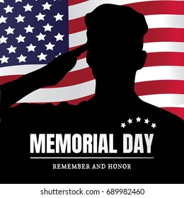 Memorial Day USA. Remember and honor. Vector illustration. The soldier salutes. Silhouette of a military man.