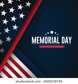 Plantilla de publicación y volante del Memorial Day USA en medios sociales. Celebración del Feliz Día de los Caídos con Texto y Ilustración vectorial de la Bandera de Estados Unidos