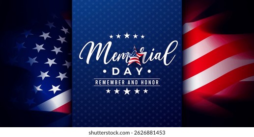Memorial Day of the USA Vector Design Template with Typography Lettering on American Flag Background. National Patriotic Celebration Illustration for Banner, Greeting Card or Holiday Poster