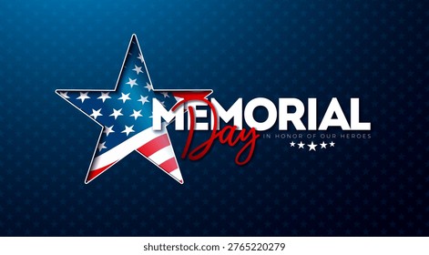 Memorial Day of the USA Vector Illustration with American Flag in Text Label on Blue Background. National Veteran Patriotic Celebration Design with Typography Lettering for Banner, Flyer, Greeting Card or Holiday Poster
