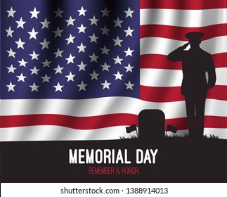 Memorial day. Vector banner with american flag andwith saluting soldier. Remember & honor. USA patriotic illustration