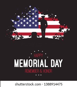 Memorial day. Vector banner with american flag and with saluting soldier. Remember & honor.Grunge flag of USA