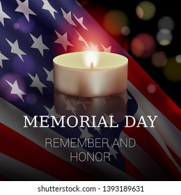 Memorial Day vector banner design template with realistic American flag, candle, and text for remembering and honoring persons who have died while serving in the United States Armed Forces.