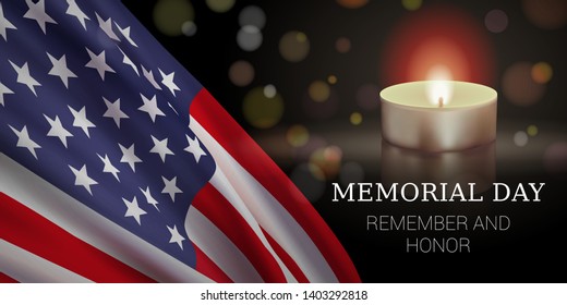 Memorial Day vector banner design template with American flag, candle, and text for remembering and honoring persons who have died while serving in the United States Armed Forces.