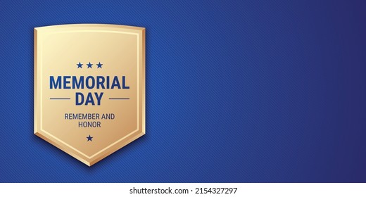 Memorial Day vector banner design, with greeting text and a golden shield on a blue background.