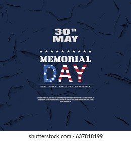 Memorial Day vector greeting card with white and painted in the colors of the american flag text, shadow on the dark blue background with pattern of cracked paint.