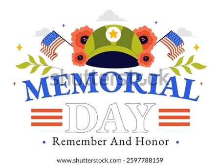 Memorial Day Vector Illustration of Remembering and Honoring Meritorious Soldiers, Featuring the American Flag and Ribbon in a Flat Style Background