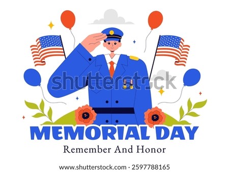 Memorial Day Vector Illustration of Remembering and Honoring Meritorious Soldiers, Featuring the American Flag and Ribbon in a Flat Style Background
