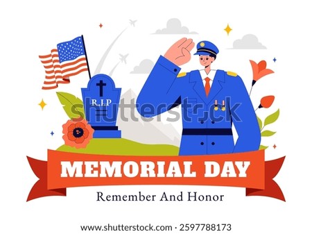 Memorial Day Vector Illustration of Remembering and Honoring Meritorious Soldiers, Featuring the American Flag and Ribbon in a Flat Style Background