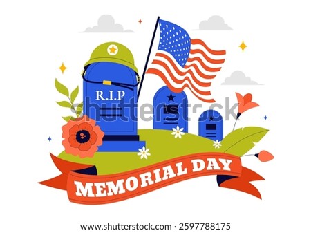 Memorial Day Vector Illustration of Remembering and Honoring Meritorious Soldiers, Featuring the American Flag and Ribbon in a Flat Style Background